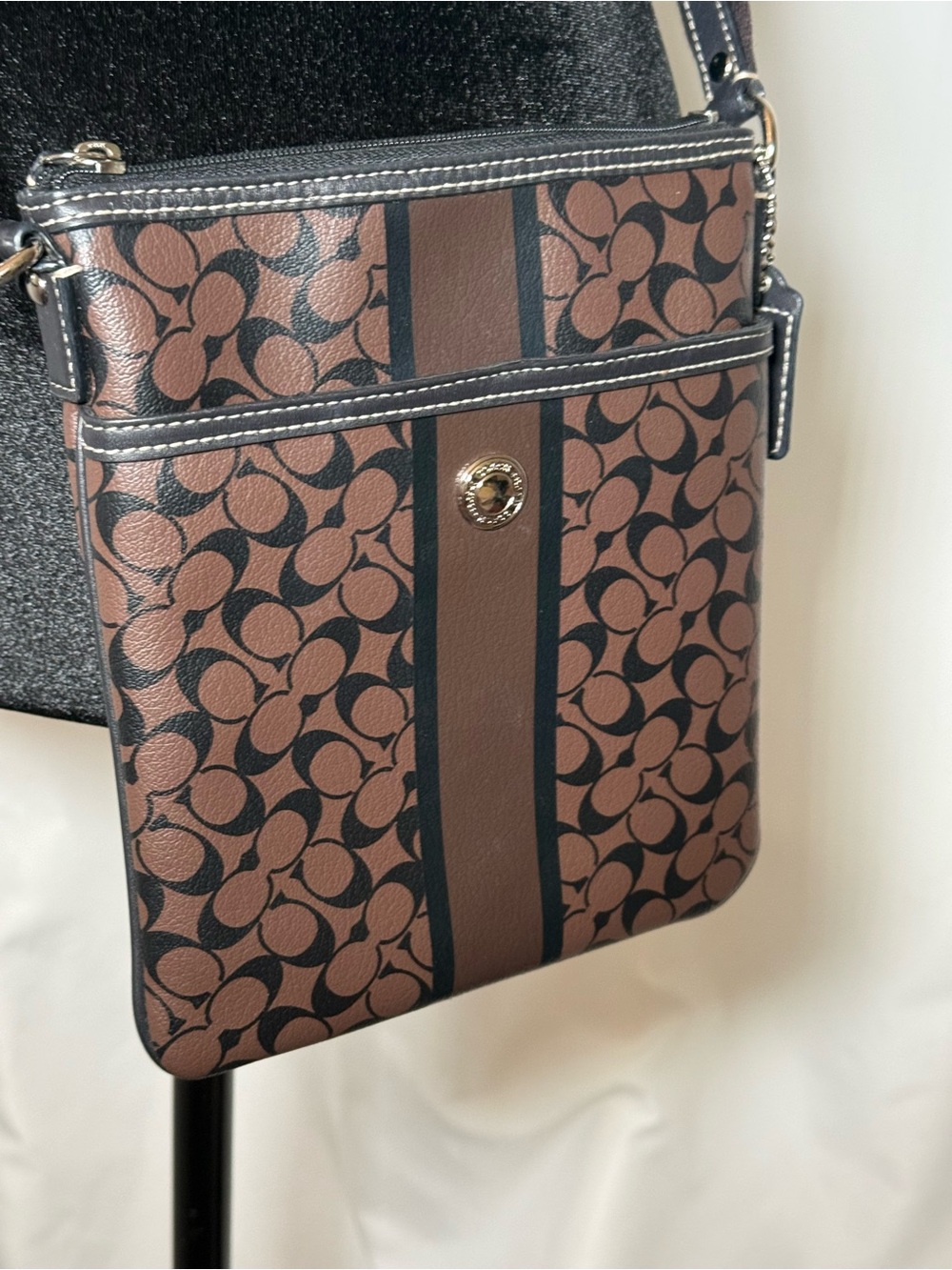 Coach Brown/Black Signature Stripe Crossbody Bag